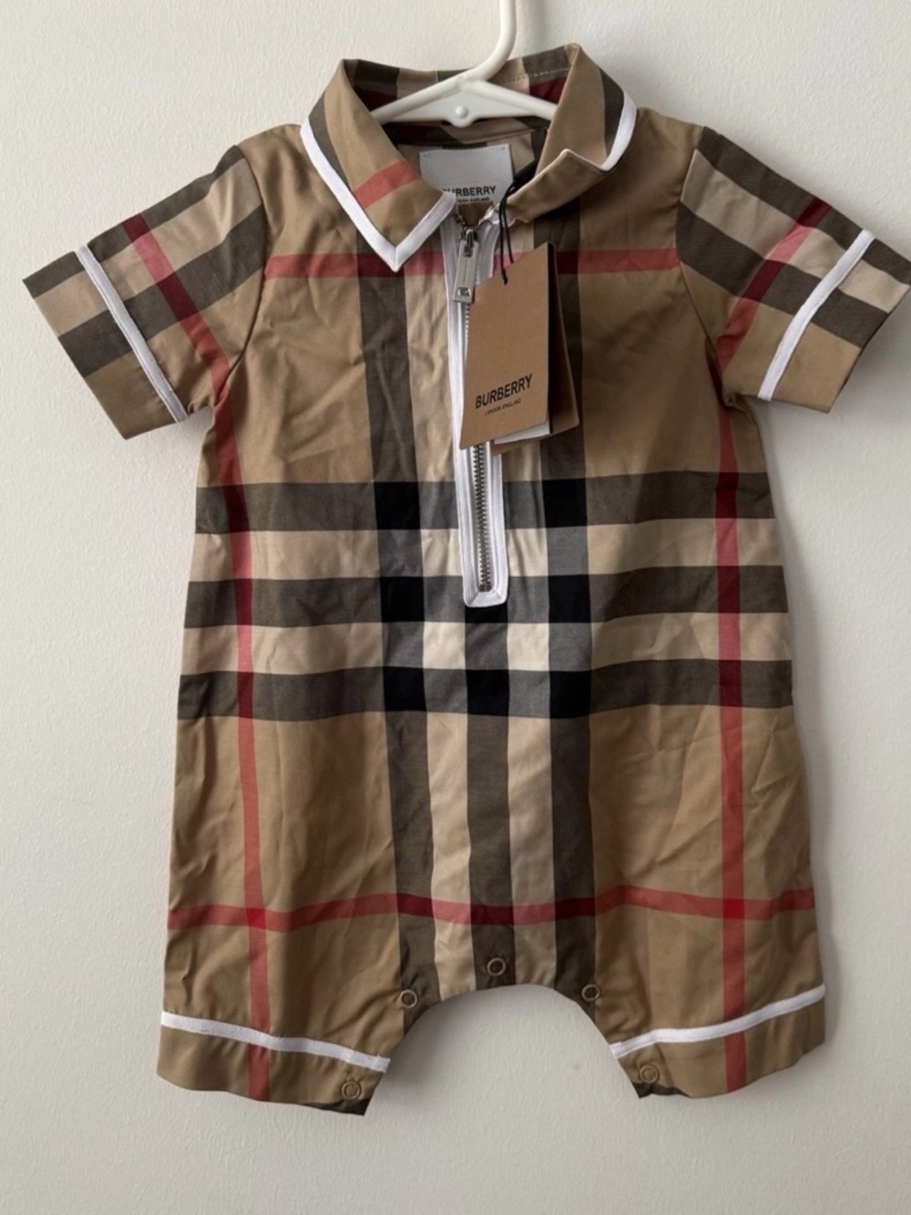 Burberry Romper Baby Boy 6M Gus Vintage Check Quarter-Zip Short Sleeve NEW